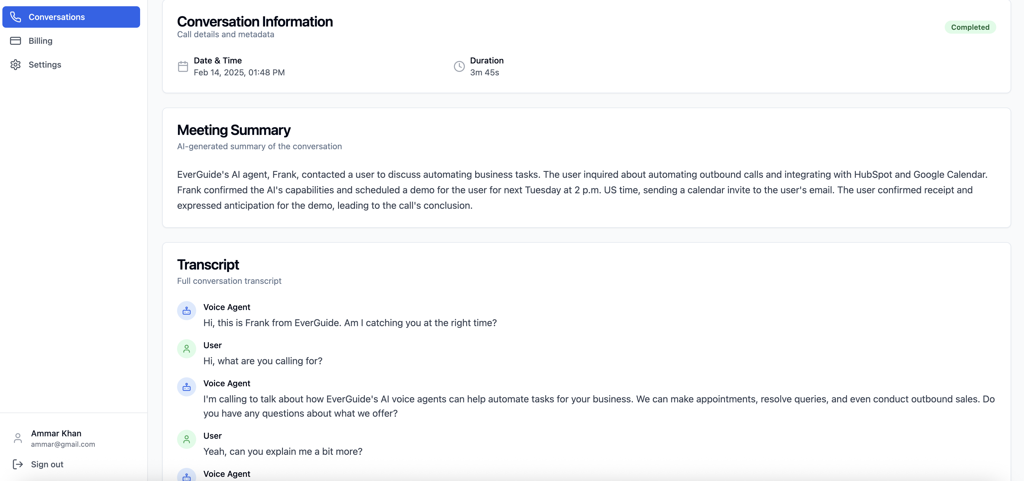 Conversation Detail and Transcript